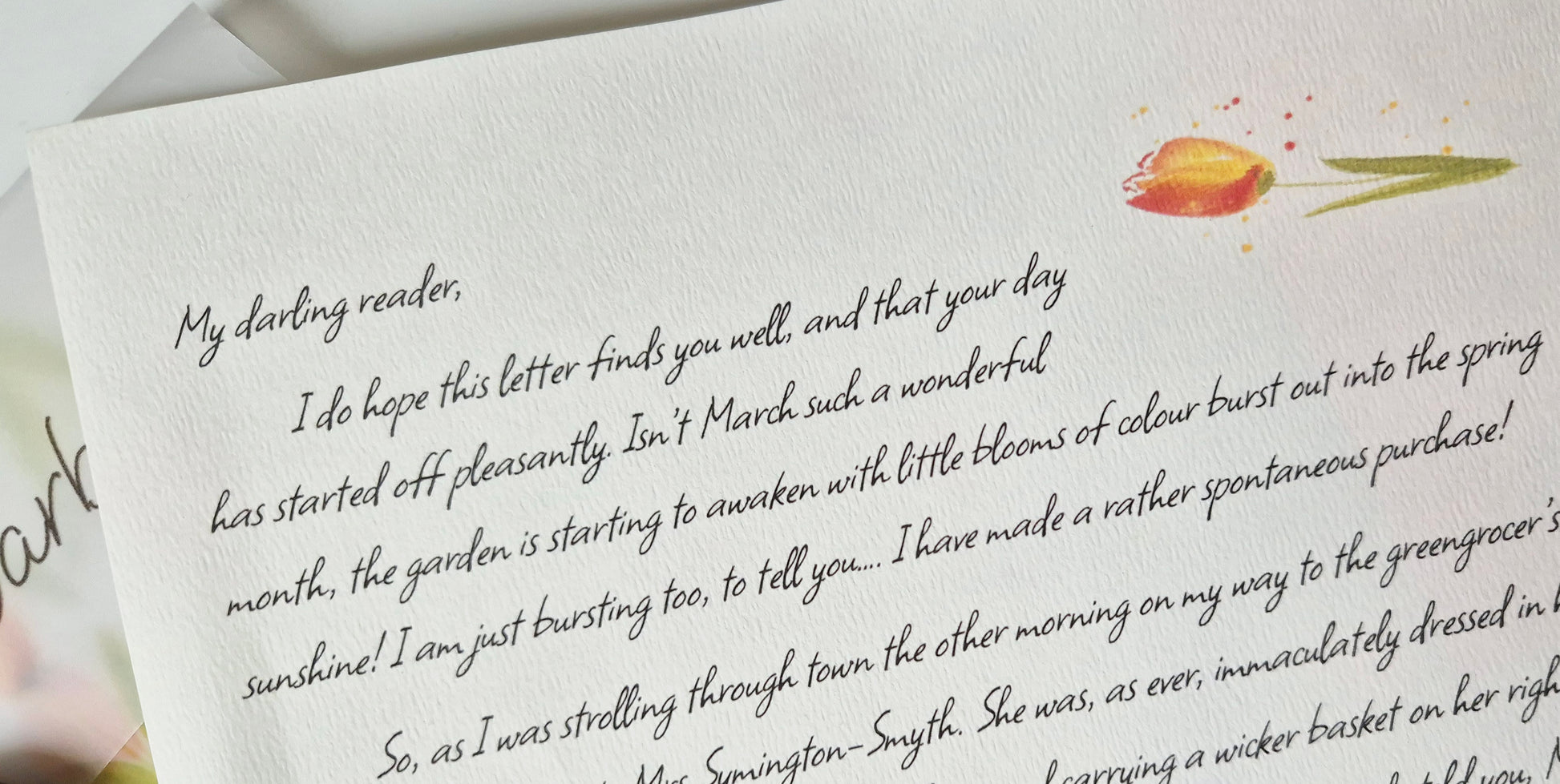 Handwritten letter with a tulip illustration on a white background. It starts... My darling reader...