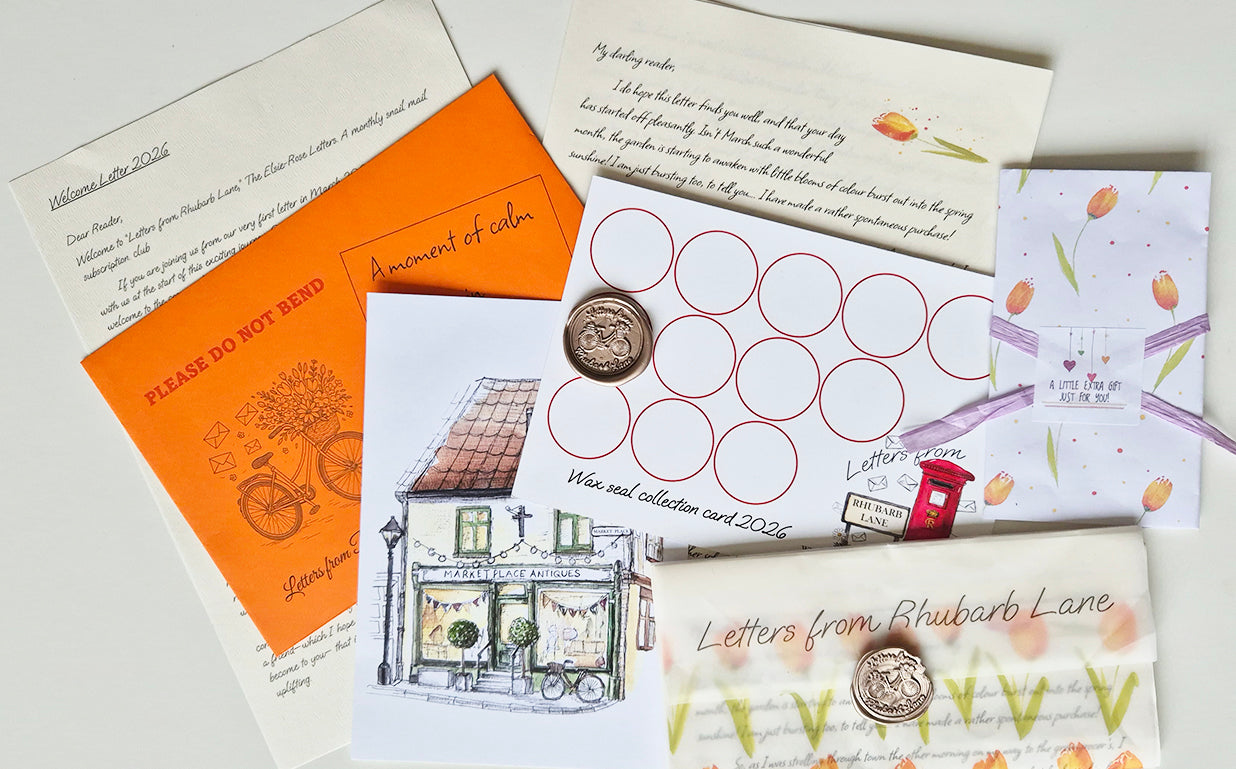 Collection of stationery items including envelopes and cards with illustrations and text. A close up of letter ones contents monthly snail mail club